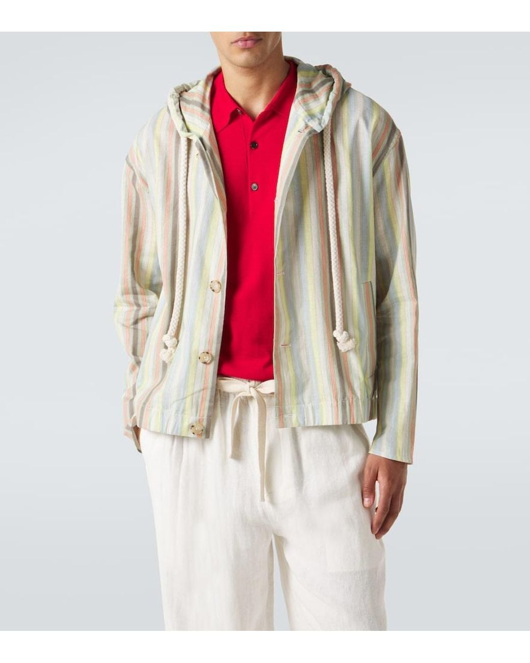 Commas White Striped Hooded Hemp And Cotton Jacket for men