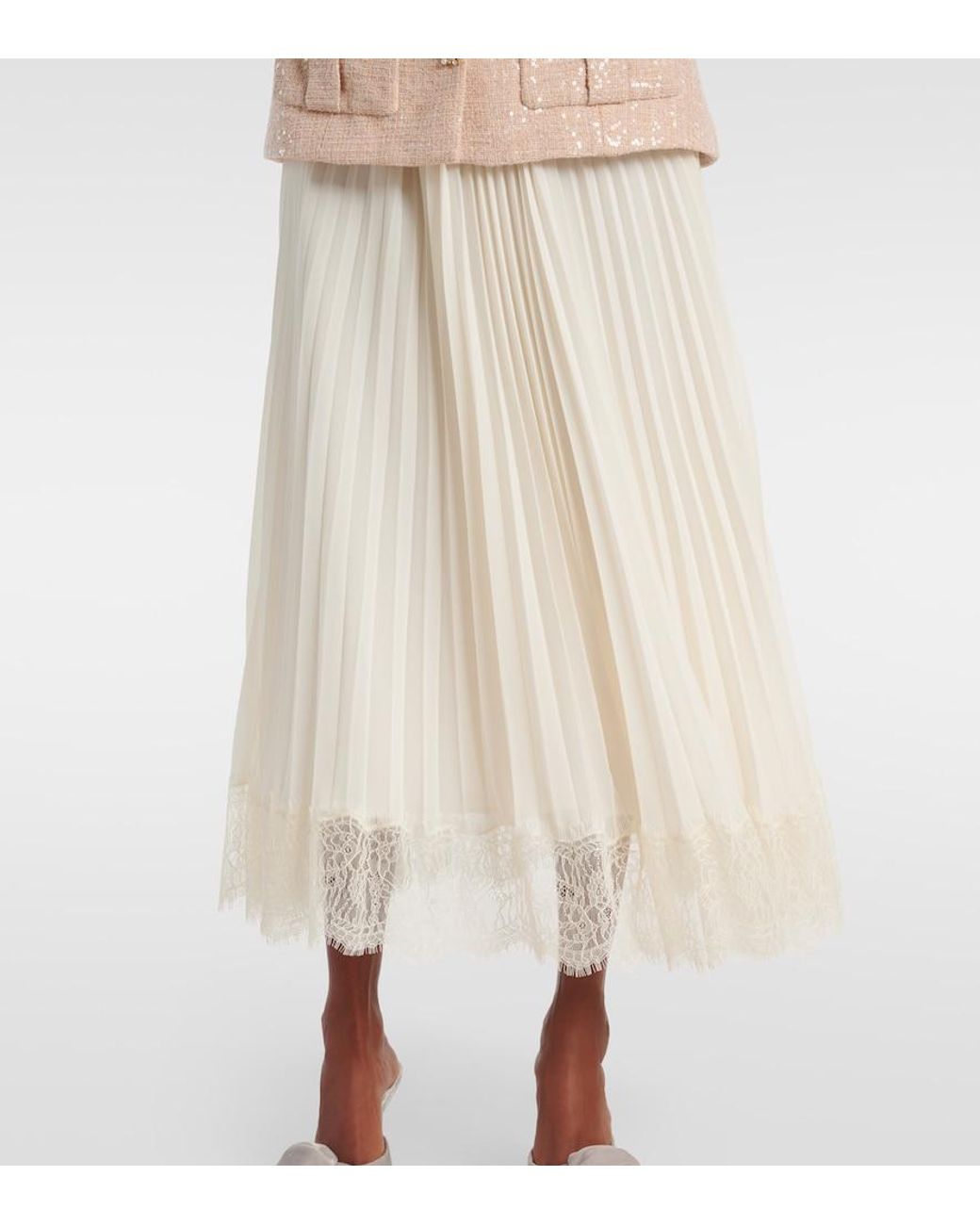 Self-Portrait Sequined Boucle And Chiffon Midi Dress in Natural | Lyst