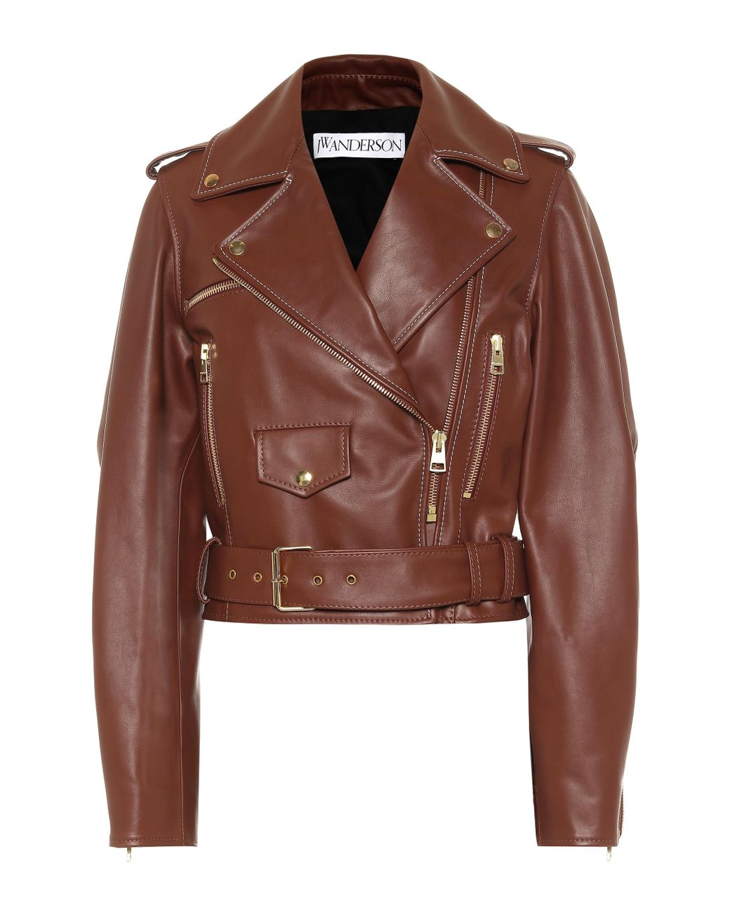 JW Anderson Cropped Leather Biker Jacket in Brown | Lyst