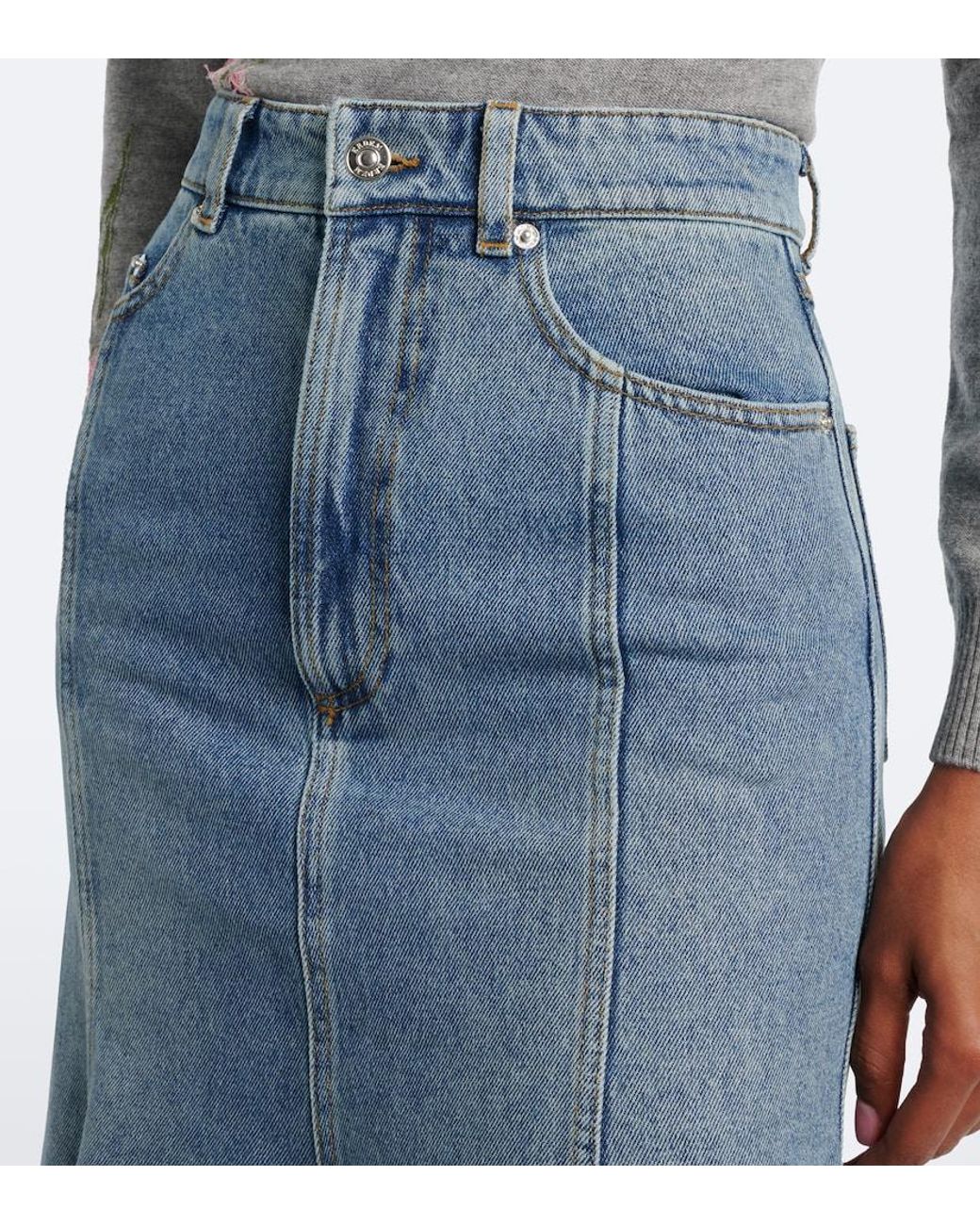 Erdem Blue Floral-Applique Denim Midi Skirt