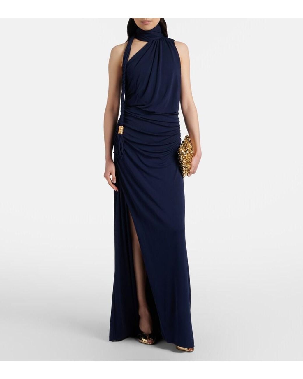 Jonathan Simkhai Blue Moira Draped Scarf-Detail Jersey Gown