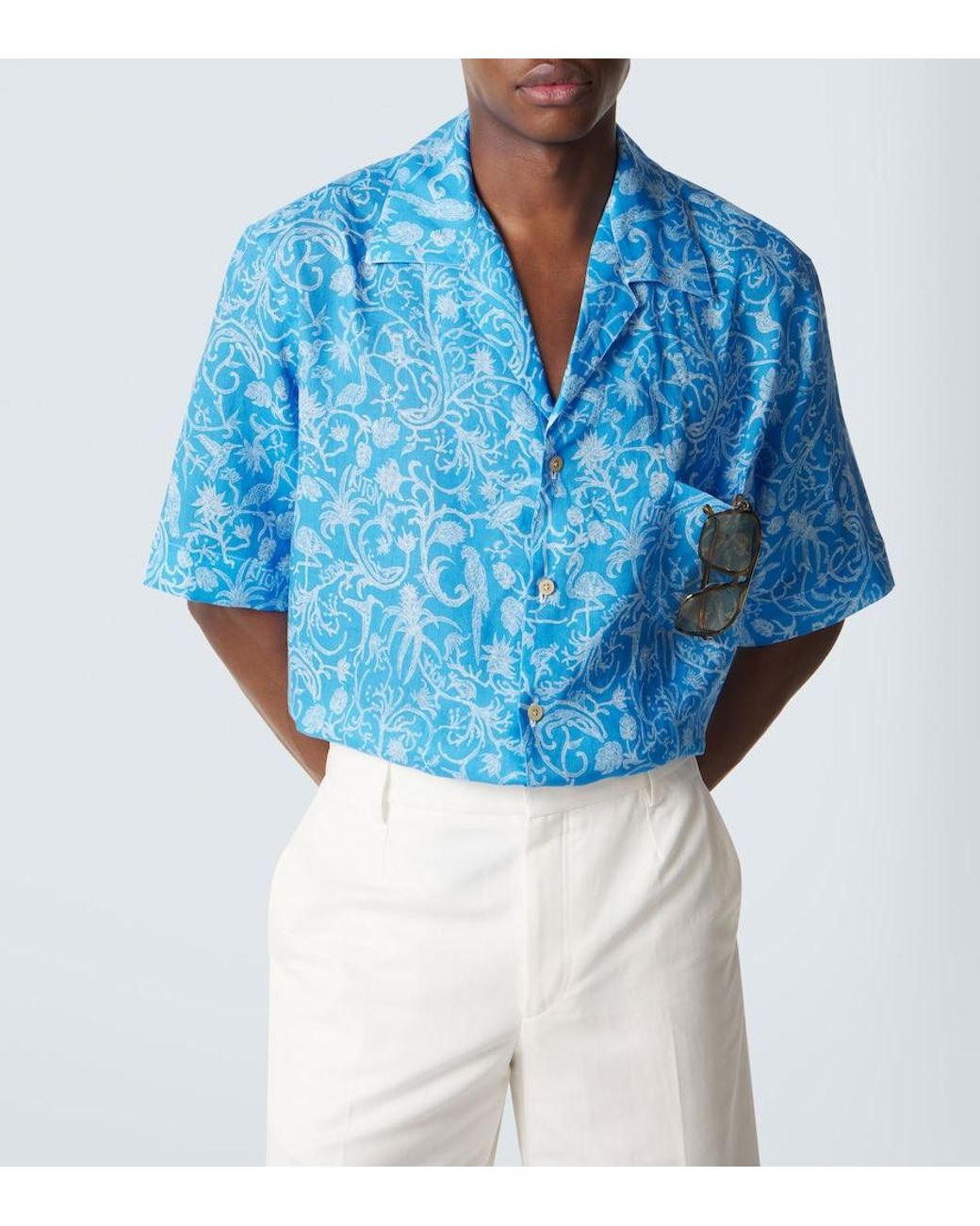 Kiton Blue Printed Linen Bowling Shirt for men
