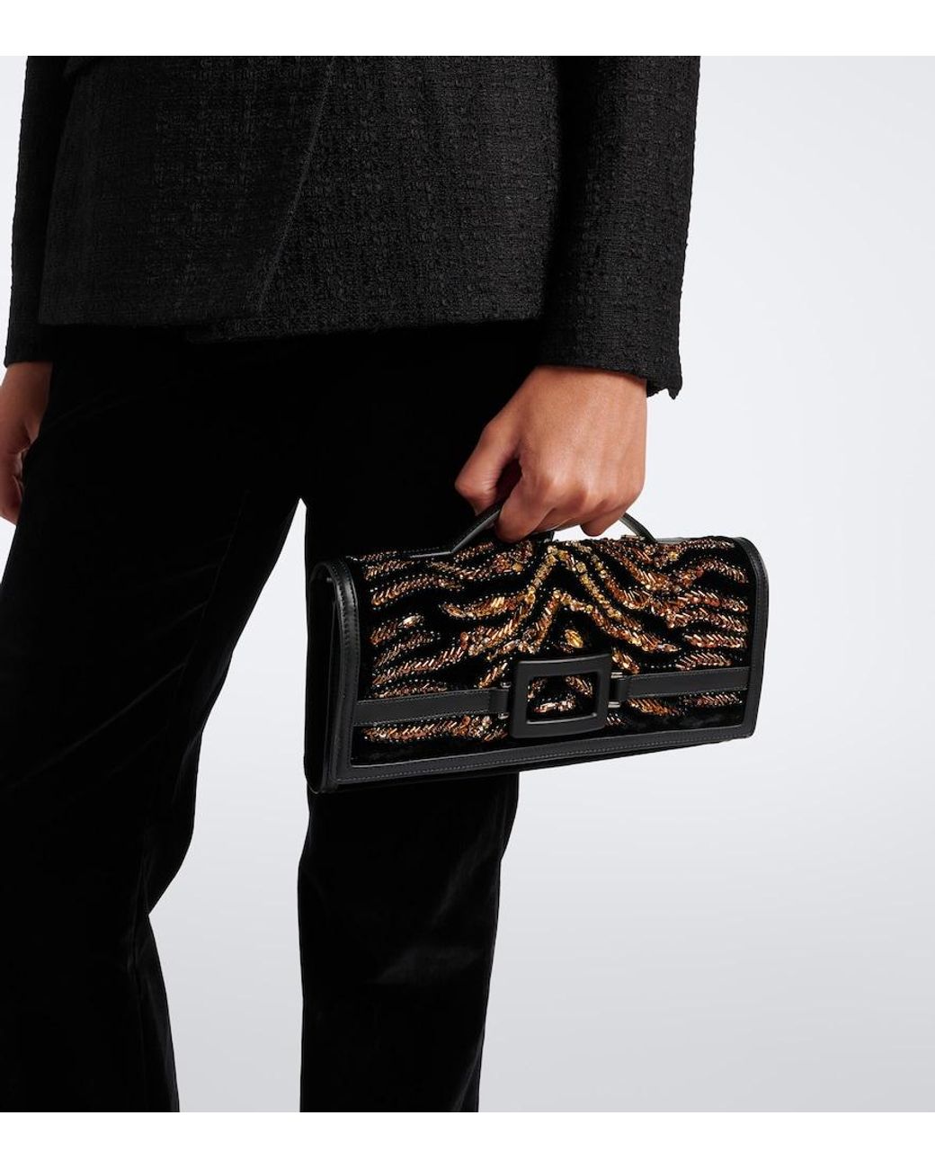 Roger Vivier Black Belle Vivier Embellished Velvet Clutch
