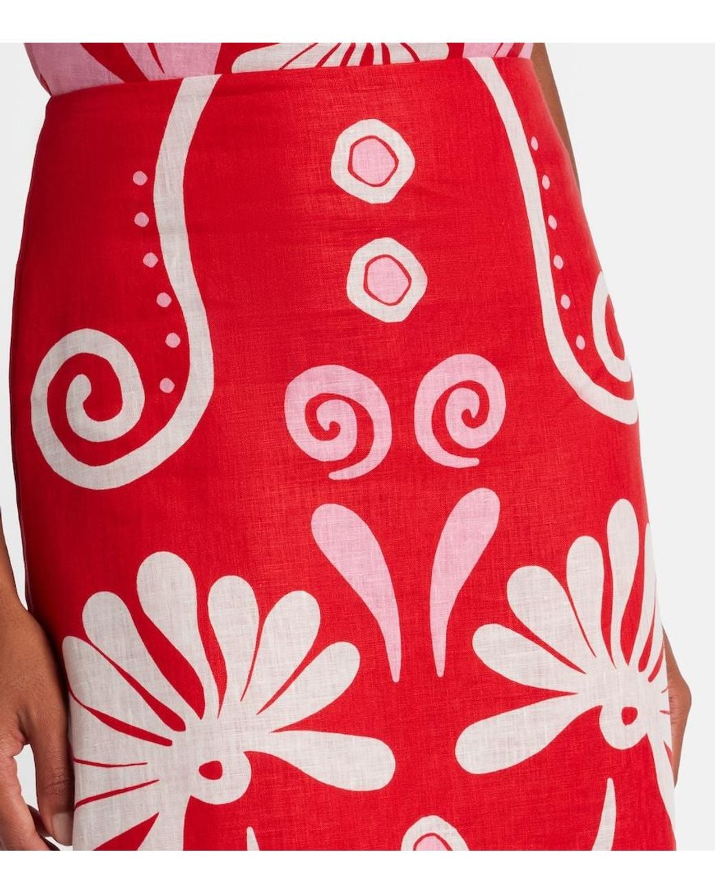Cala De La Cruz Red Fabiana Printed Linen Midi Skirt