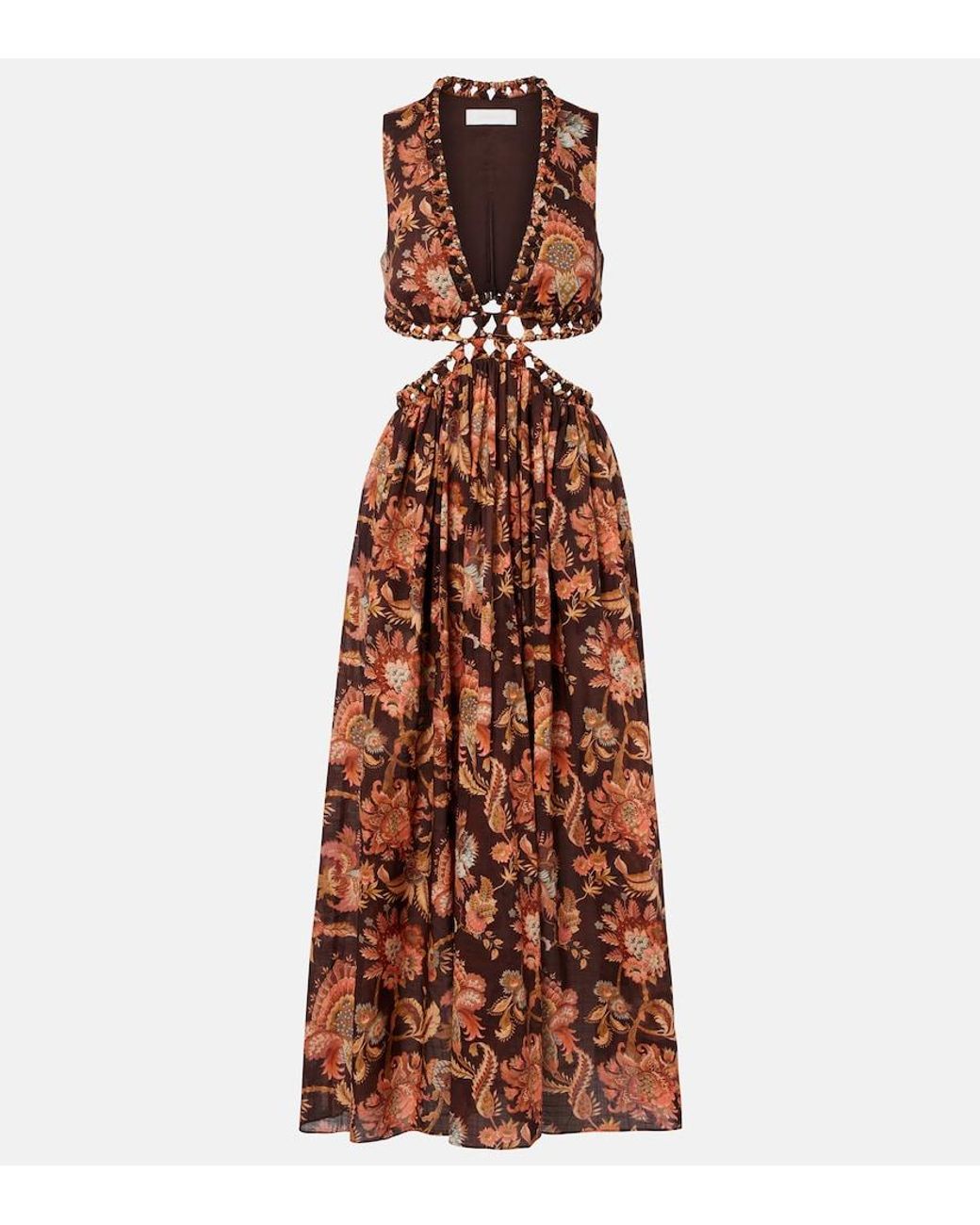 Zimmermann Brown Aster Cutout Floral Cotton Midi Dress