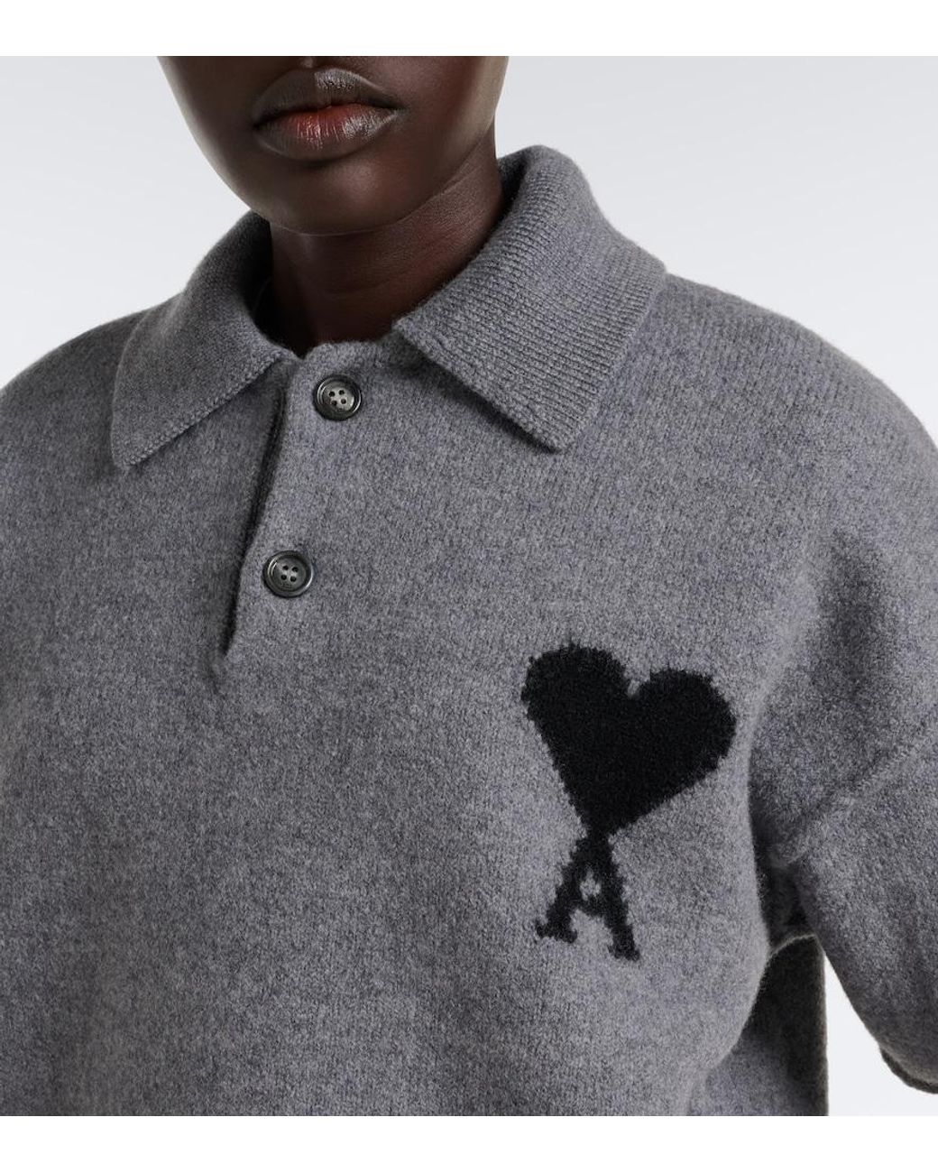AMI Gray Ami De Coeur Wool Polo Sweater