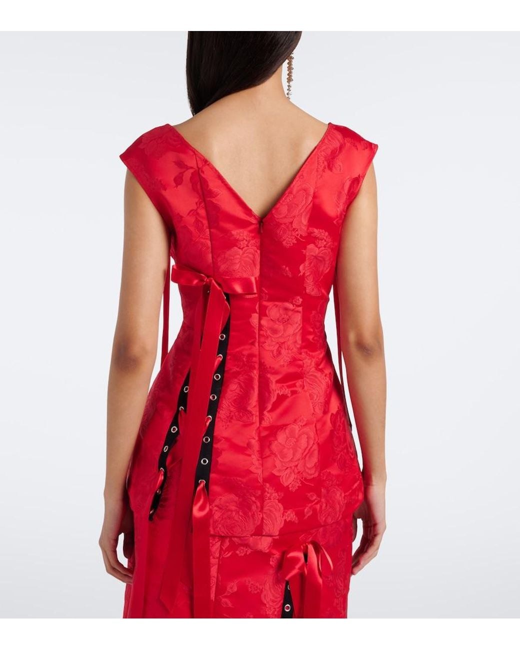 Simone Rocha Red Bow-Detail Floral Brocade Top