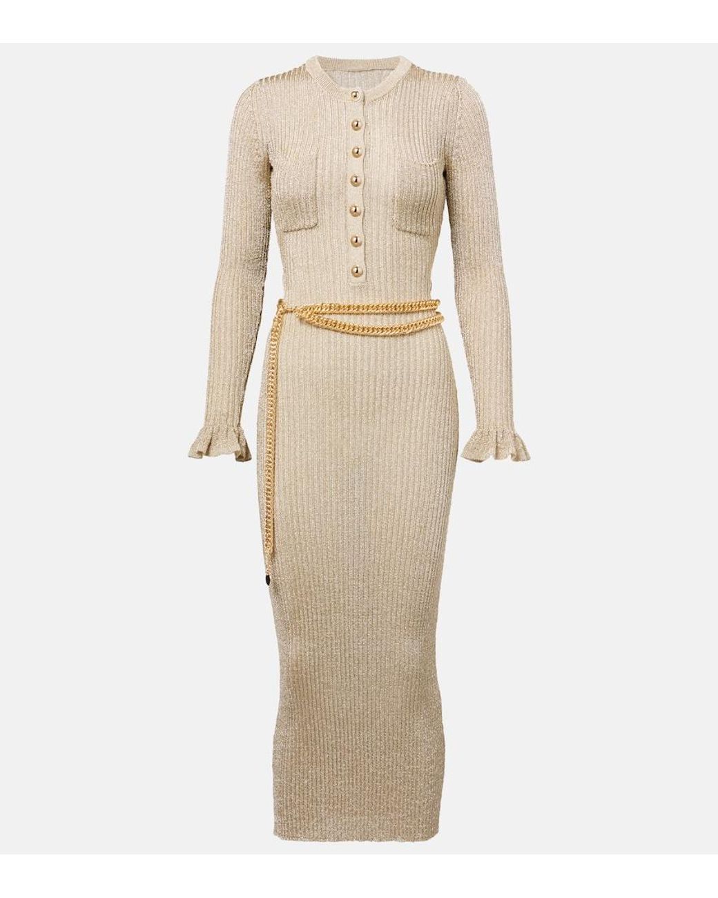 Self-Portrait Natural Ribbed-Knit Lame Midi Dress