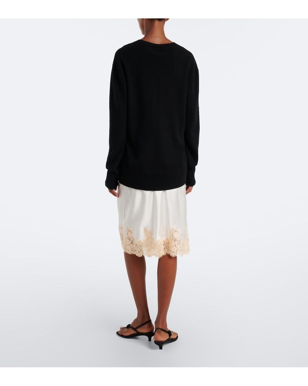 Doen White Elowette Lace-Trimmed Silk Satin Midi Skirt