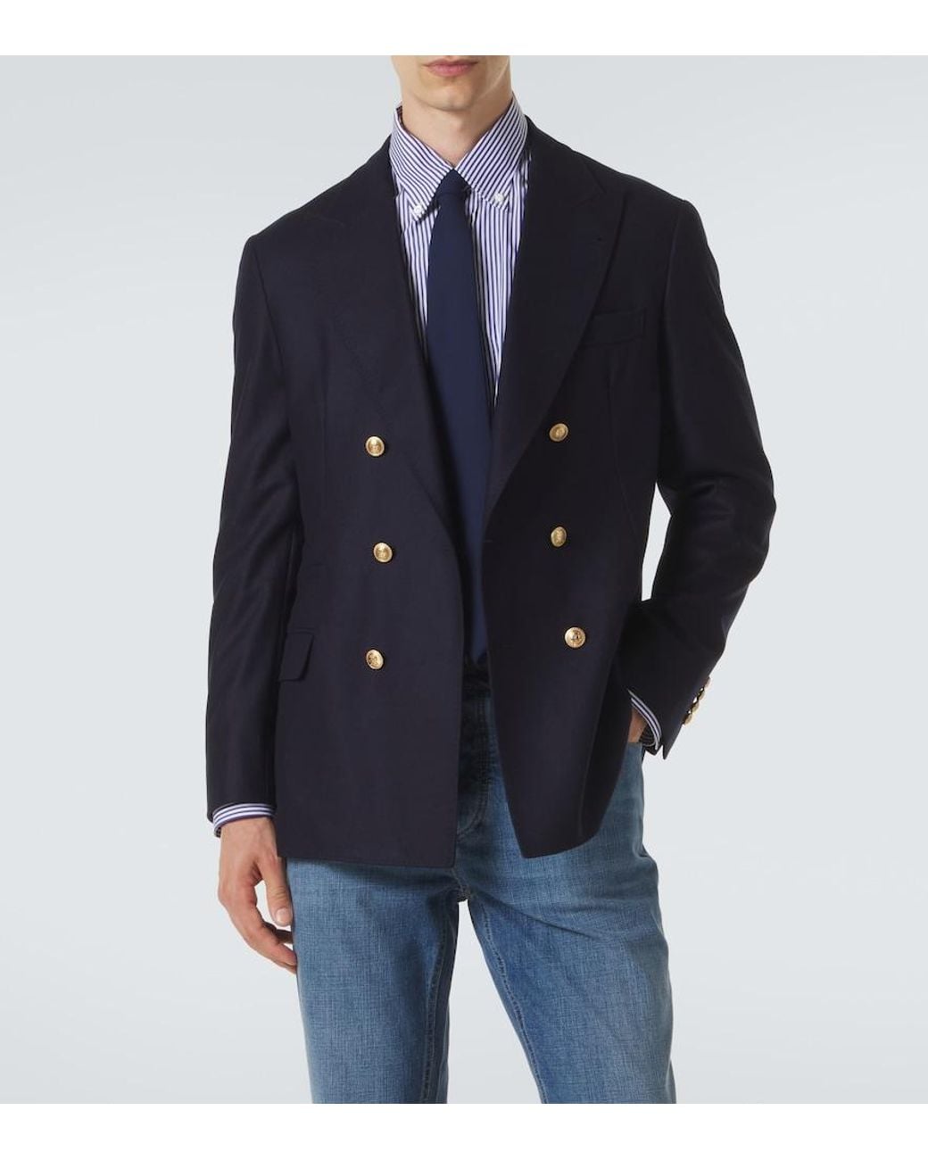 Brunello Cucinelli Blue Double-Breasted Virgin Wool Blazer for men