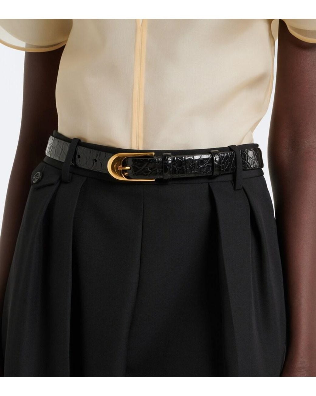 Khaite Black Dome Croc-Effect Patent Leather Belt