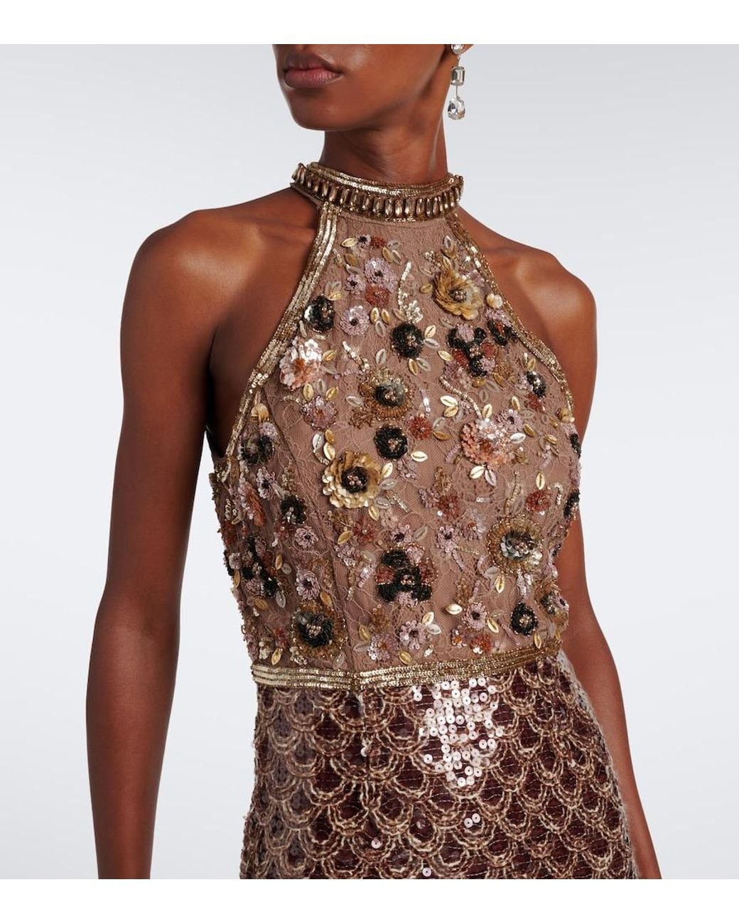 La Fuori Brown Scales Of Embellished Halterneck Gown
