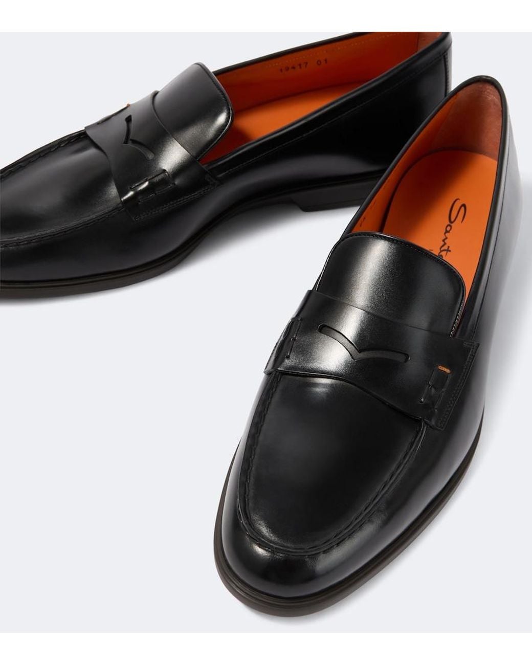 Santoni Black Milo Leather Penny Loafers for men