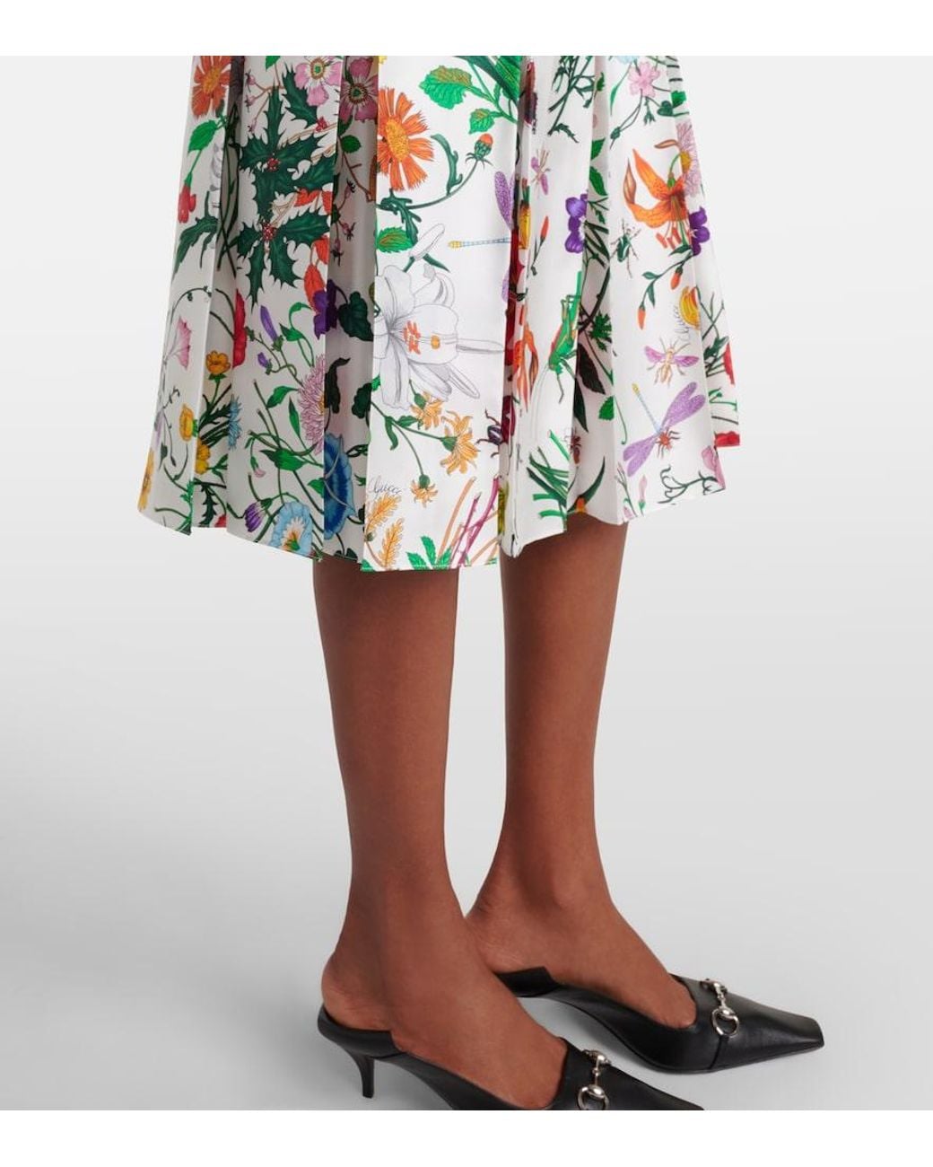 Gucci White Flora Pleated Silk Midi Skirt