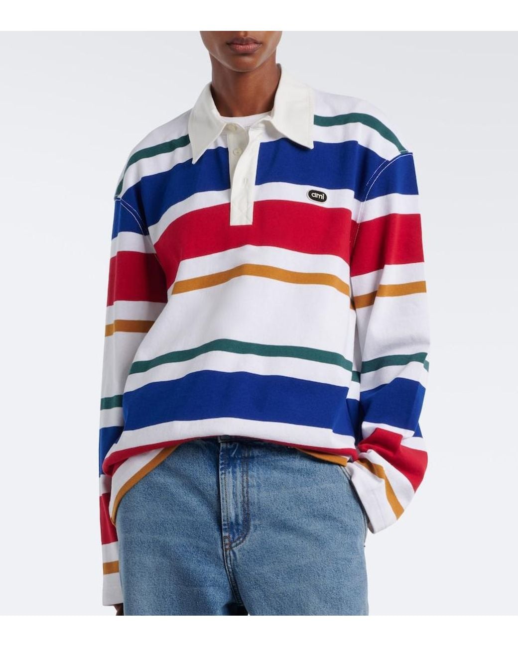 AMI Red Striped Oversized Cotton Polo Shirt