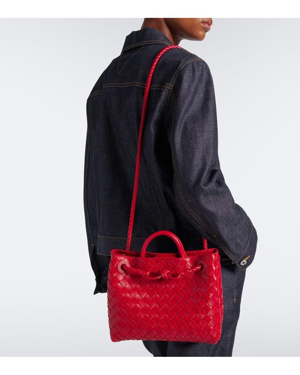 Bottega Veneta Red Andiamo Intrecciato Small Leather Tote Bag