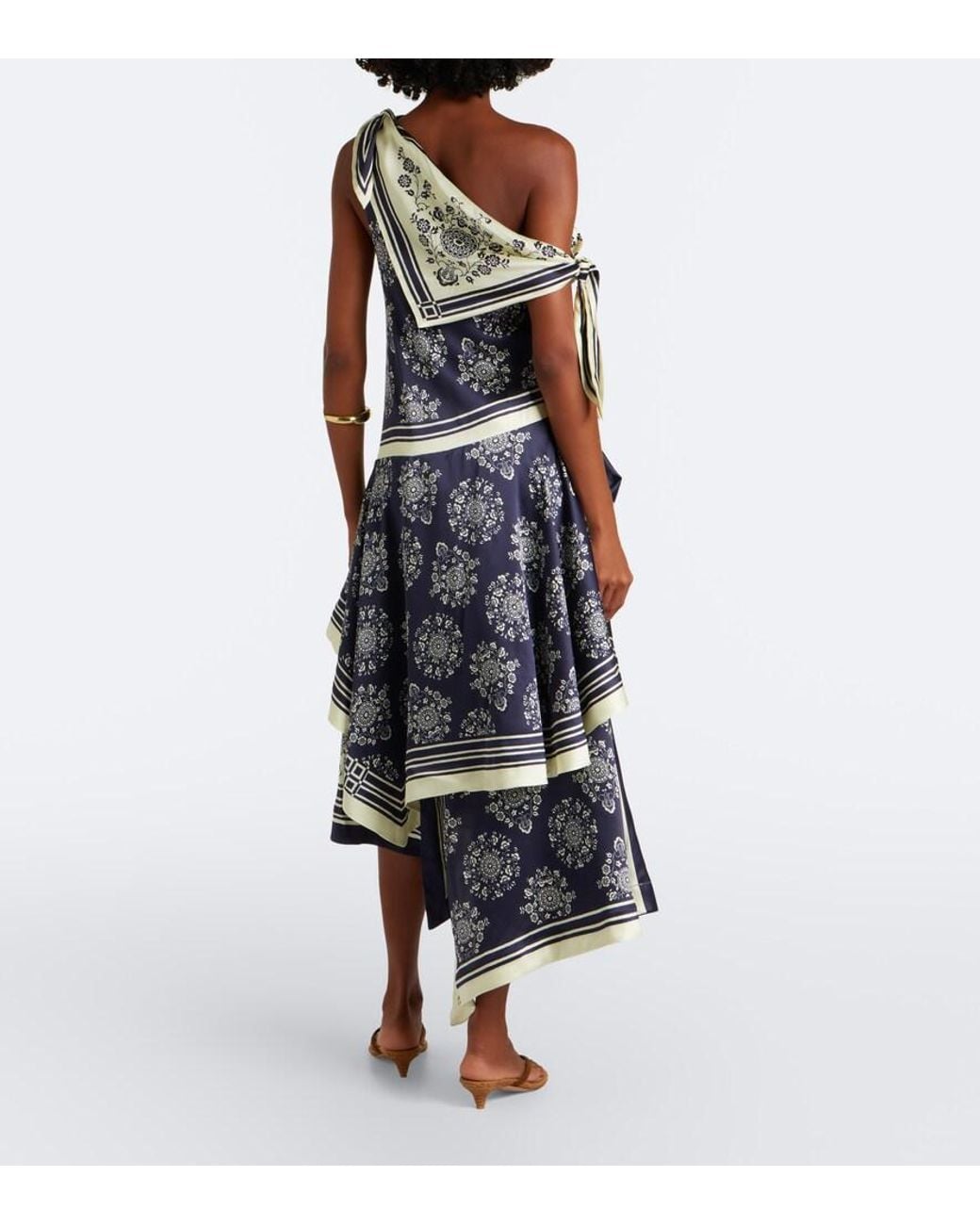 ALÉMAIS Blue Banderra Asymmetric Floral Silk Midi Dress