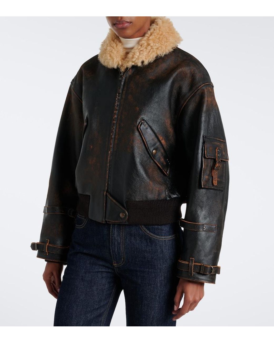 Ralph Lauren Black Lianne Shearling-Trimmed Leather Jacket
