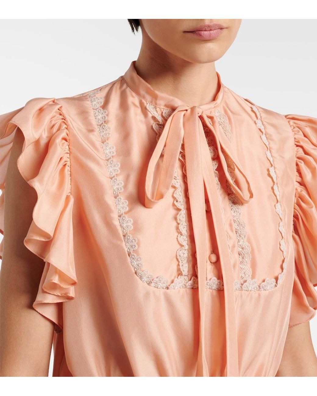 Chloé White Ruffled Lace-Trimmed Silk Top