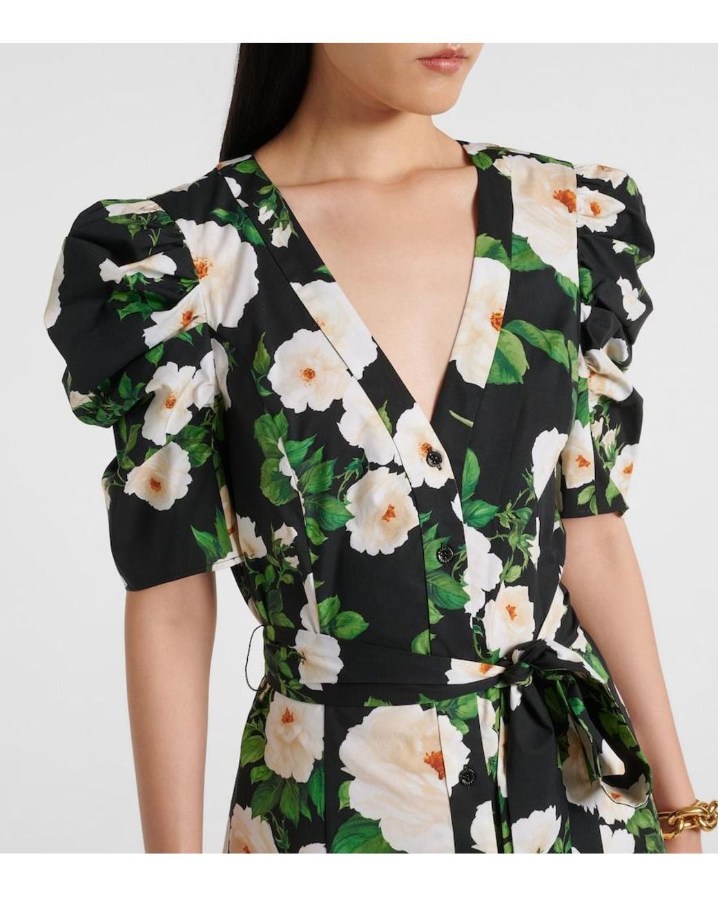 Carolina Herrera Green Floral Cotton-Blend Midi Dress