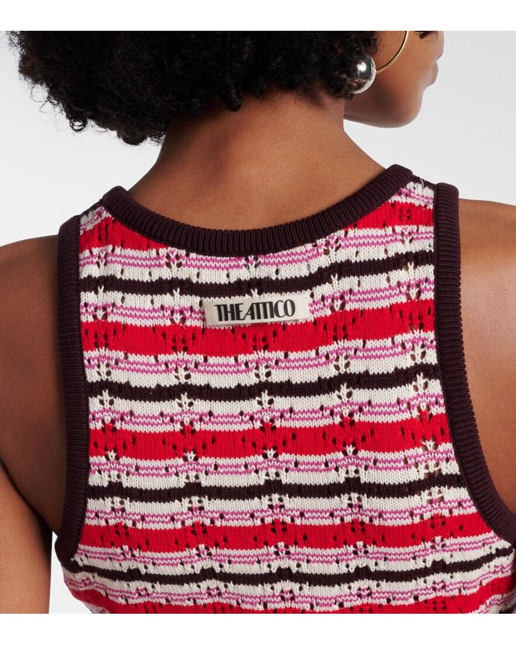 The Attico Red Striped Crochet Cotton Midi Dress