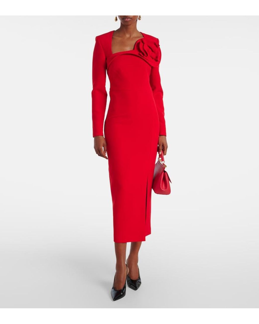 Roland Mouret Red Floral-Applique Crepe Midi Dress