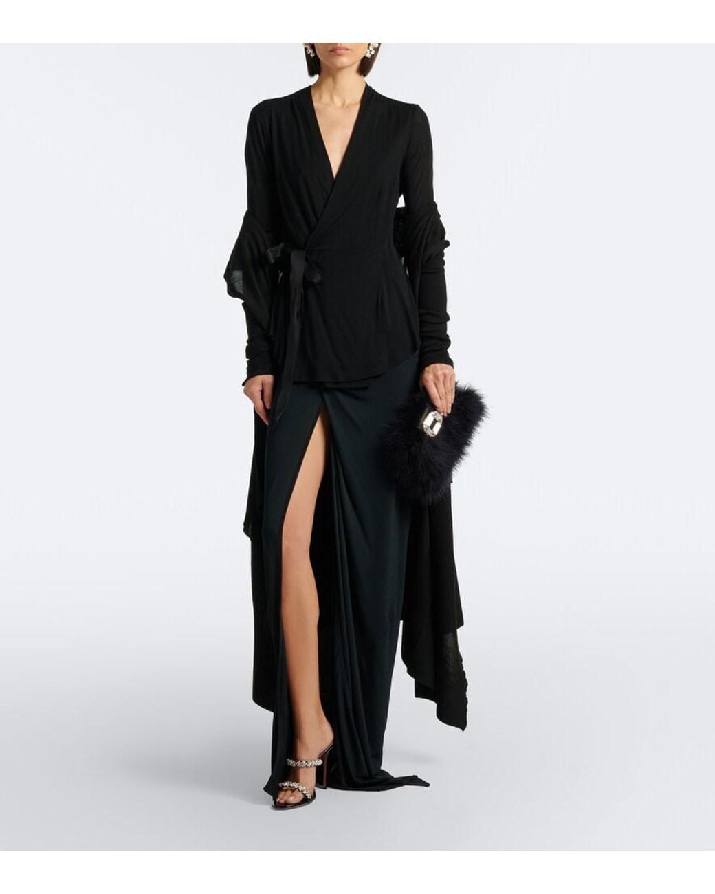 AMINA MUADDI Black Camelia Embellished Feather Clutch