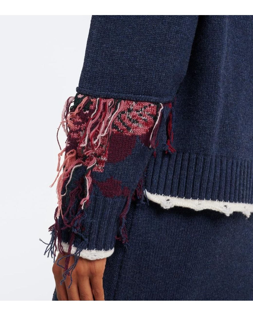 Erdem Blue Fringed Intarsia Wool Sweater