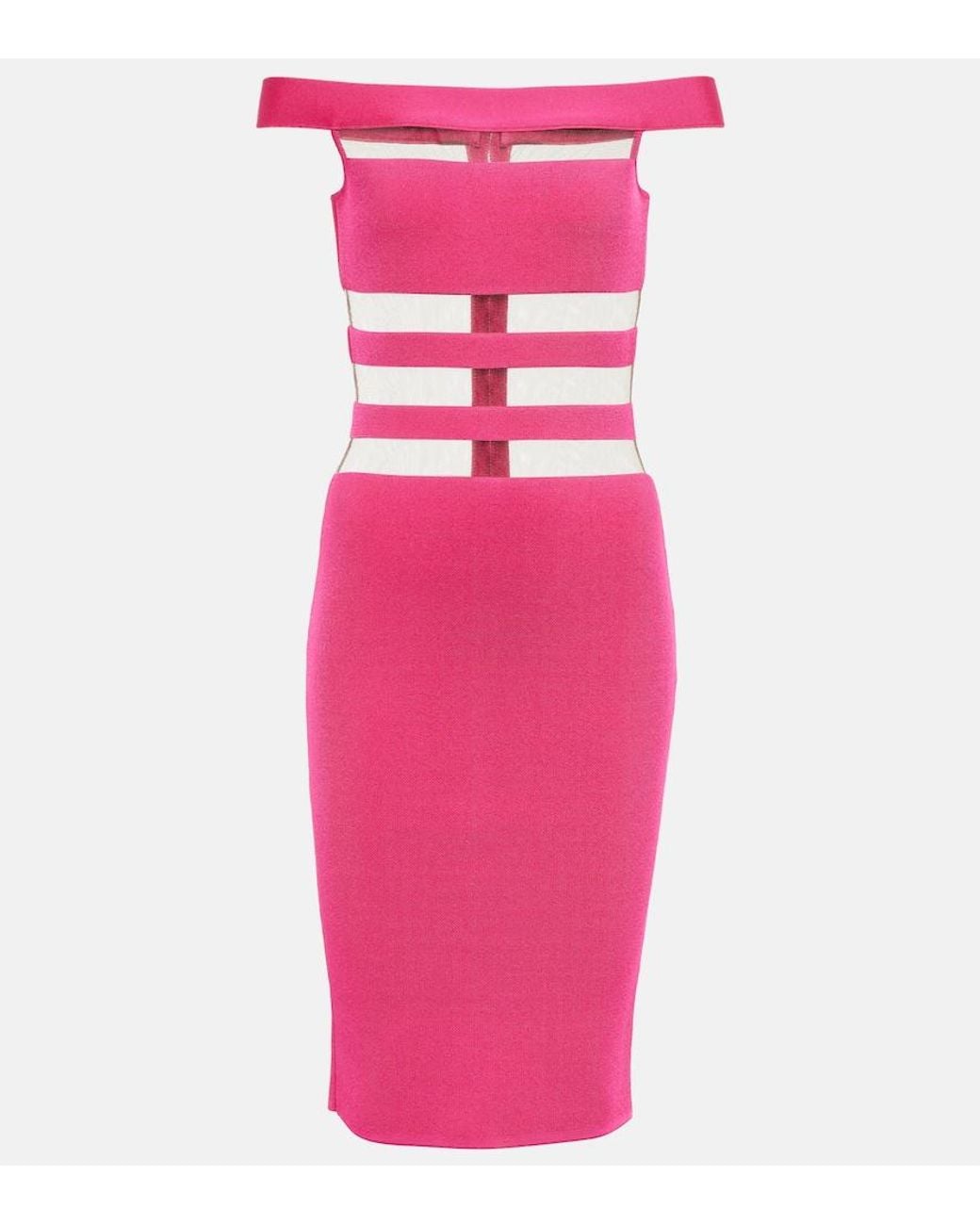 Balmain Pink Off-Shoulder Mesh-Paneled Minidress