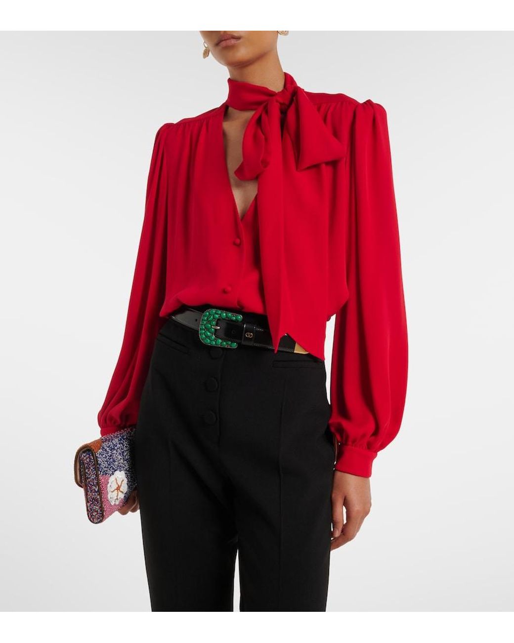 Valentino Red Tie-Neck Silk Georgette Blouse