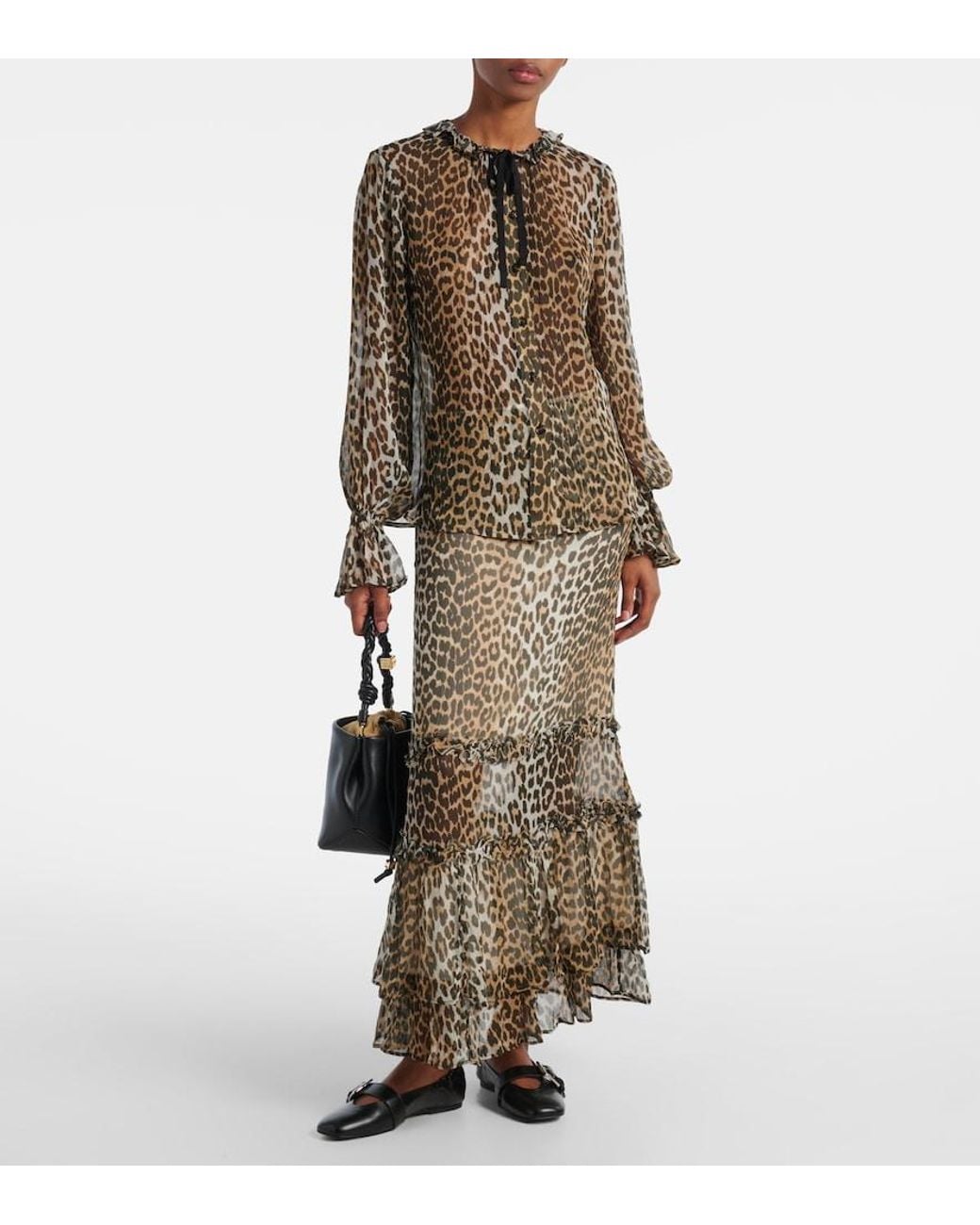 Ganni Brown Leopard-Print Tie-Neck Chiffon Blouse