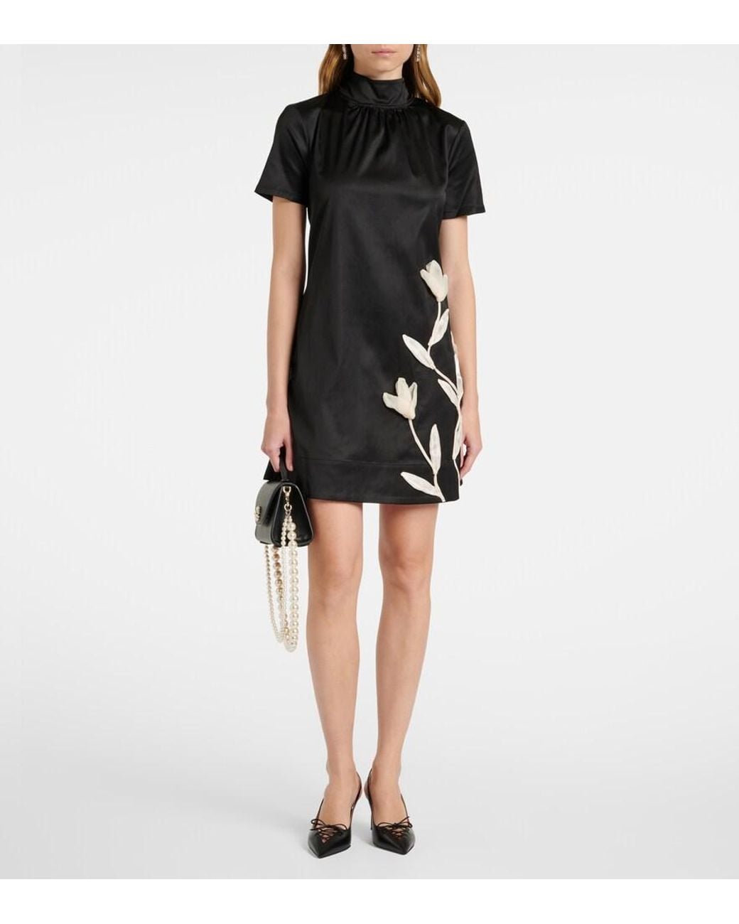 Staud Black Ilana Floral-Applique Satin Minidress