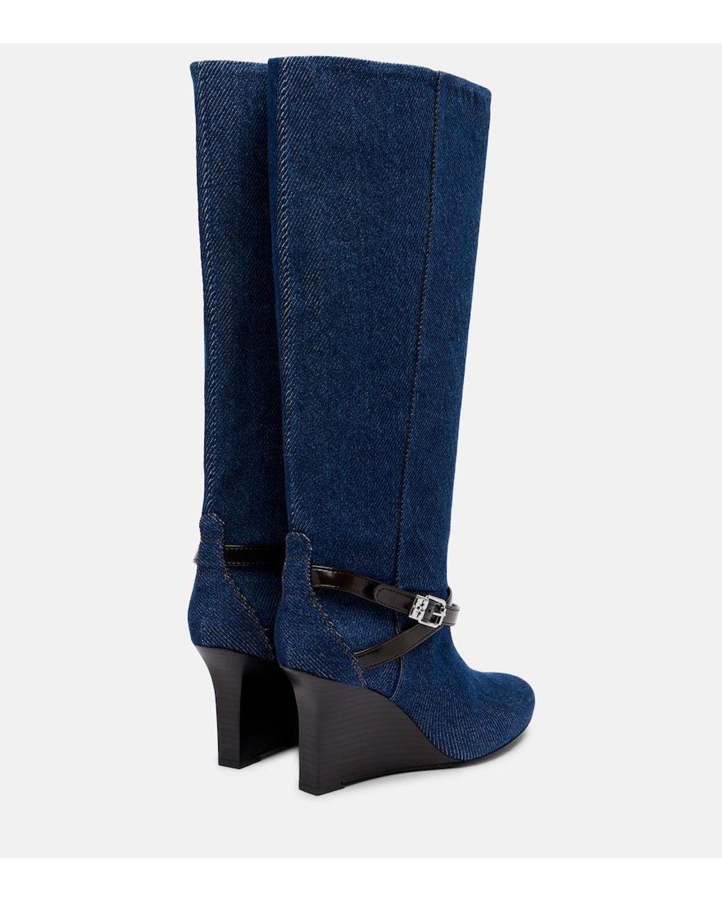 Ganni Blue Kat Denim Knee-High Wedge Boots