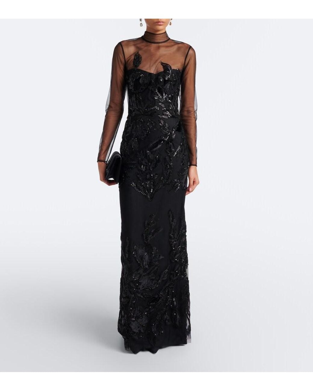 Costarellos Black Syndia Embellished Tulle Gown