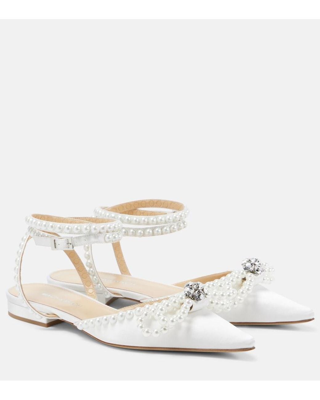 Mach & Mach White Double Bow Embellished Satin Ballet Flats