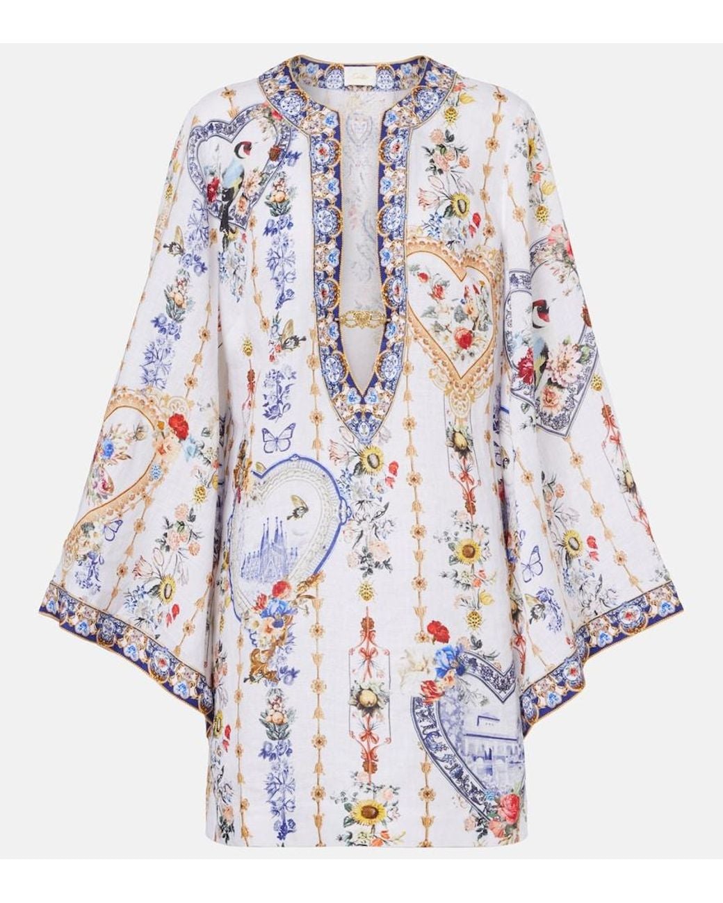 Camilla White Cutout Printed Linen Kaftan