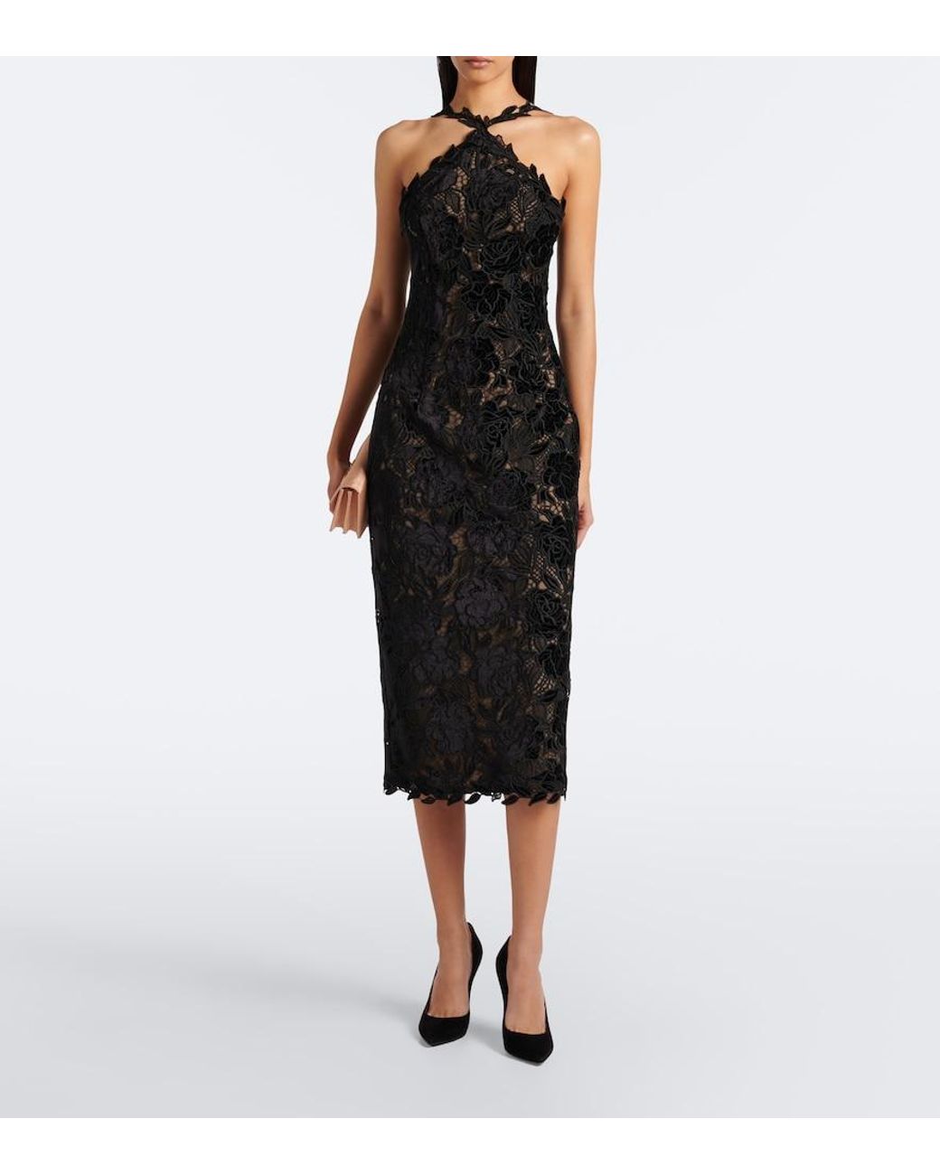 Carolina Herrera Black Guipure Lace Halterneck Cocktail Dress