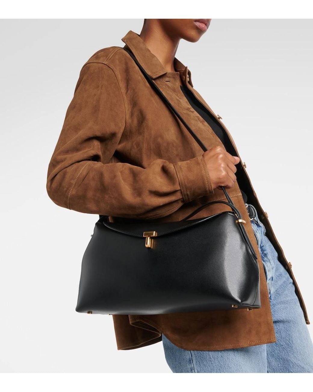 Totême Black T-Lock Medium Leather Tote Bag