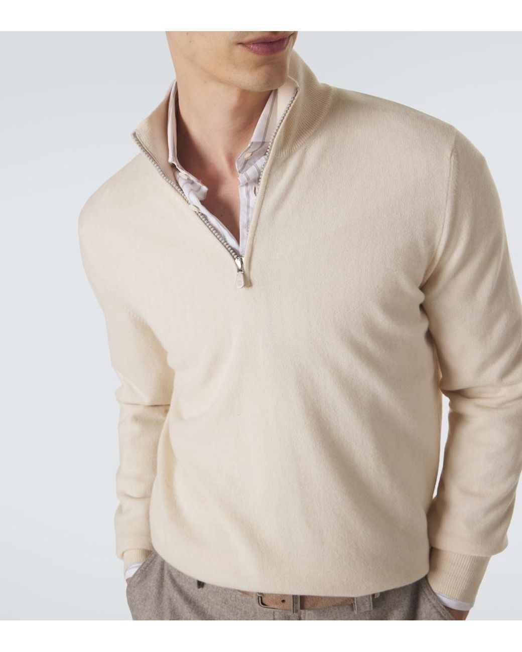 Brunello Cucinelli Natural Cashmere Half-Zip Sweater for men