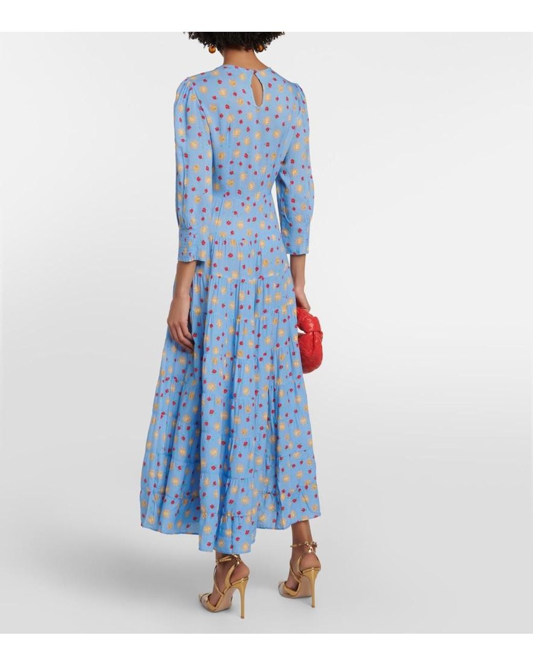 Rixo Blue Kristen Tiered Printed Voile Maxi Dress