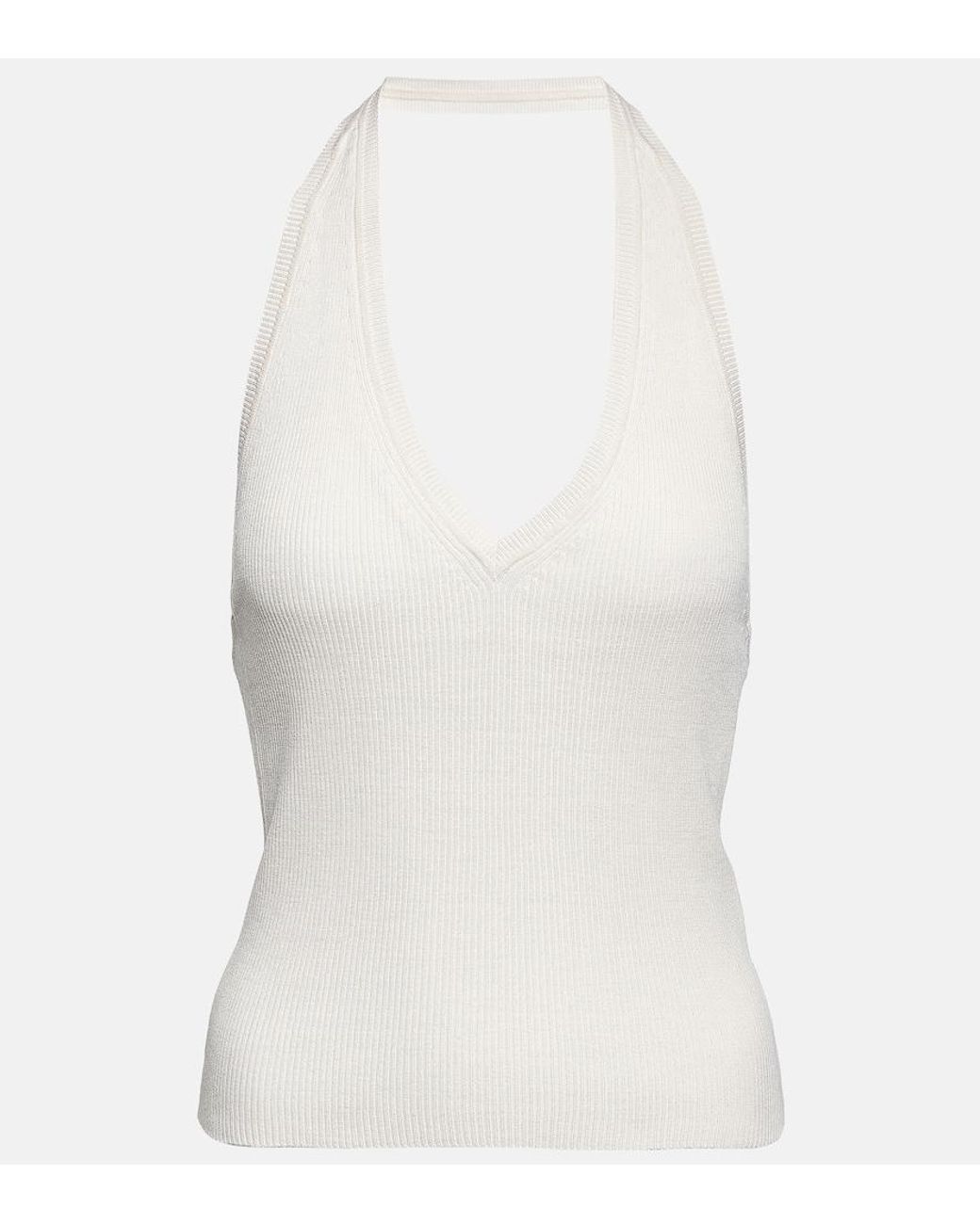 Nili Lotan White Ivey Ribbed-Knit Halterneck Silk Top