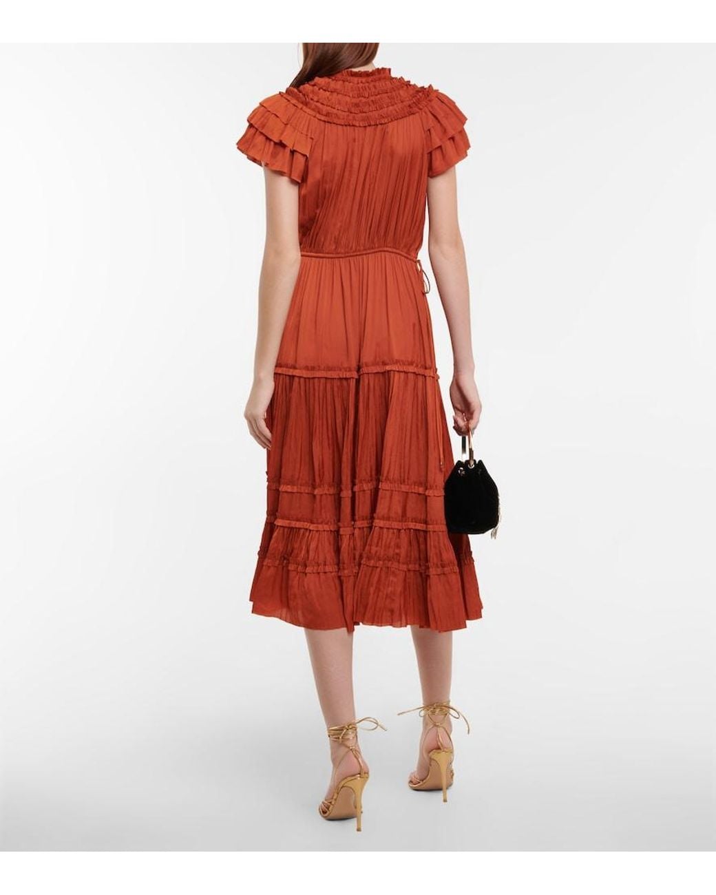 Ulla Johnson Orange Isadora Pleated Satin Midi Dress