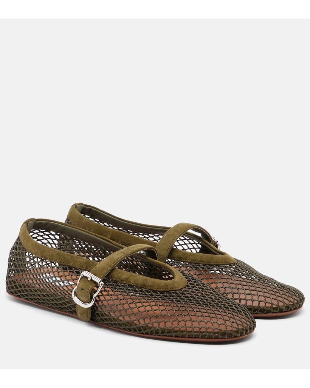 Alaïa Brown Suede-Trimmed Fishnet Ballet Flats