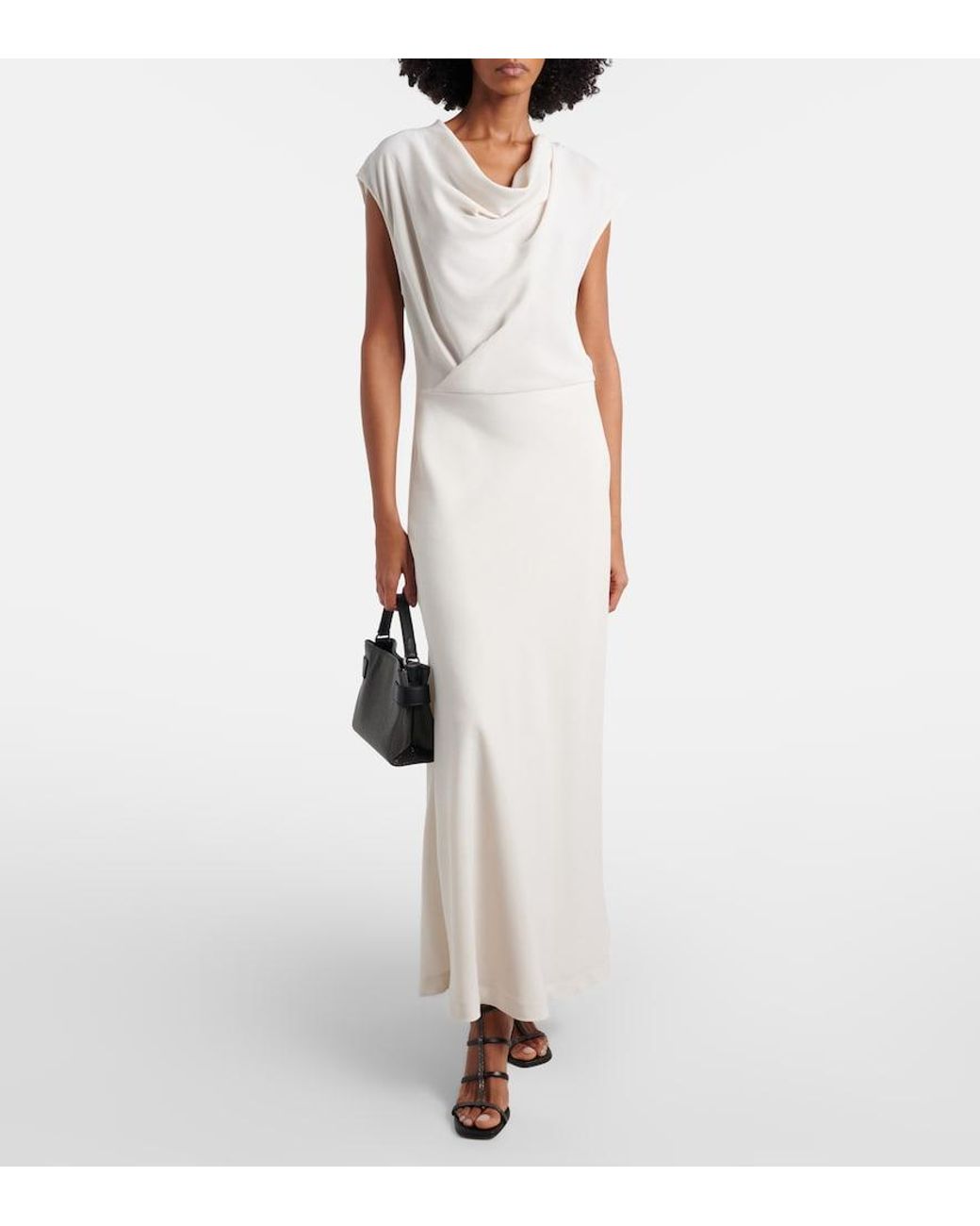 Brunello Cucinelli White Draped Wool-Blend Maxi Dress