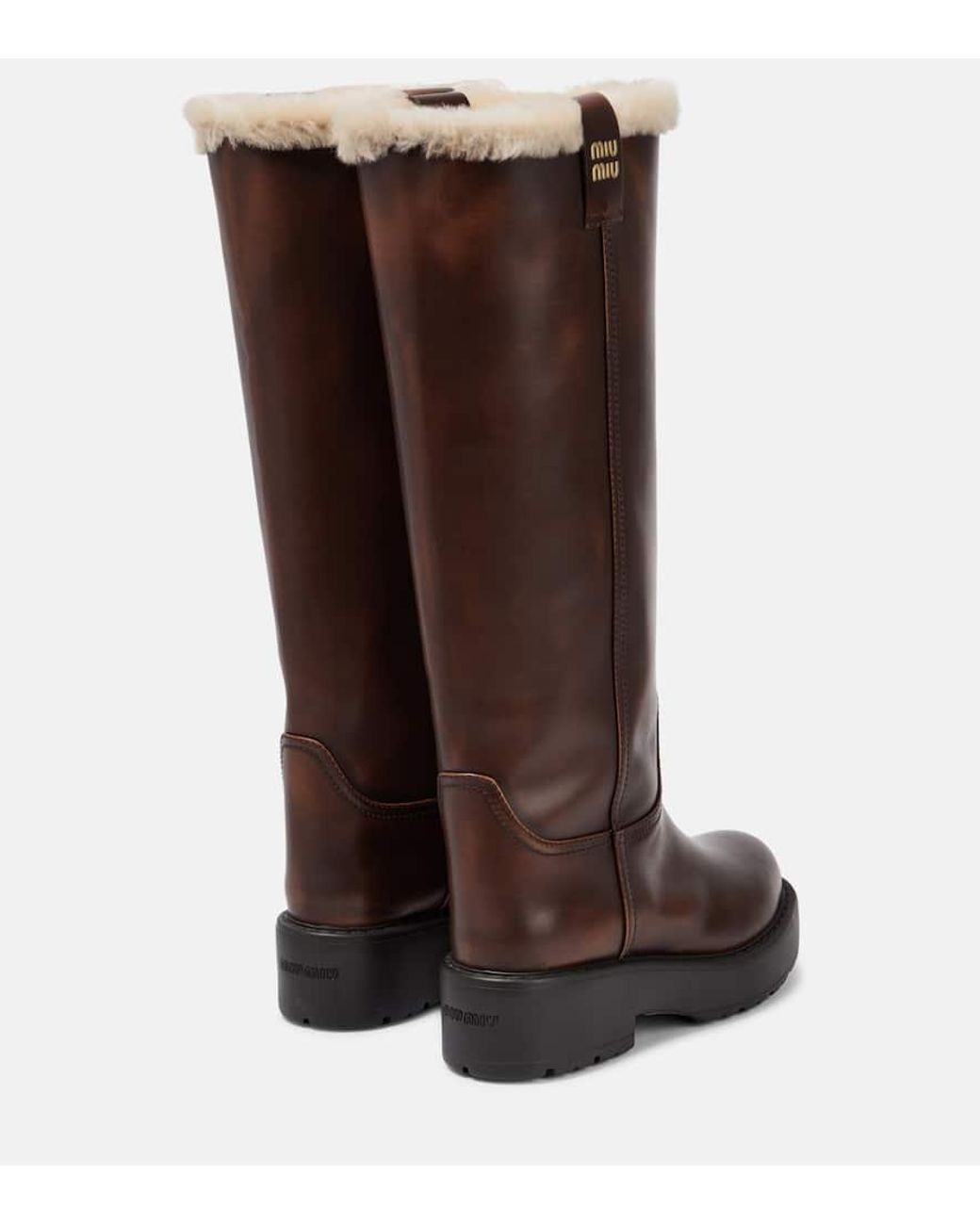 Miu Miu Shearling-Lined Leather Knee-High Boots in Brown