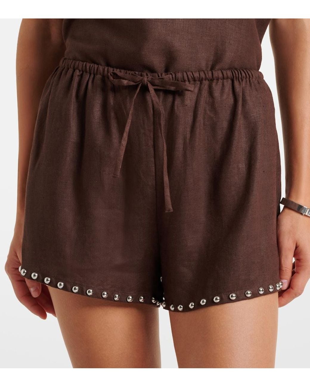 Staud Brown Paddle Studded Linen Shorts