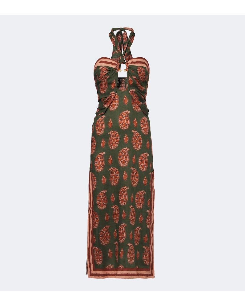 Johanna Ortiz Brown Printed Halterneck Linen Midi Dress