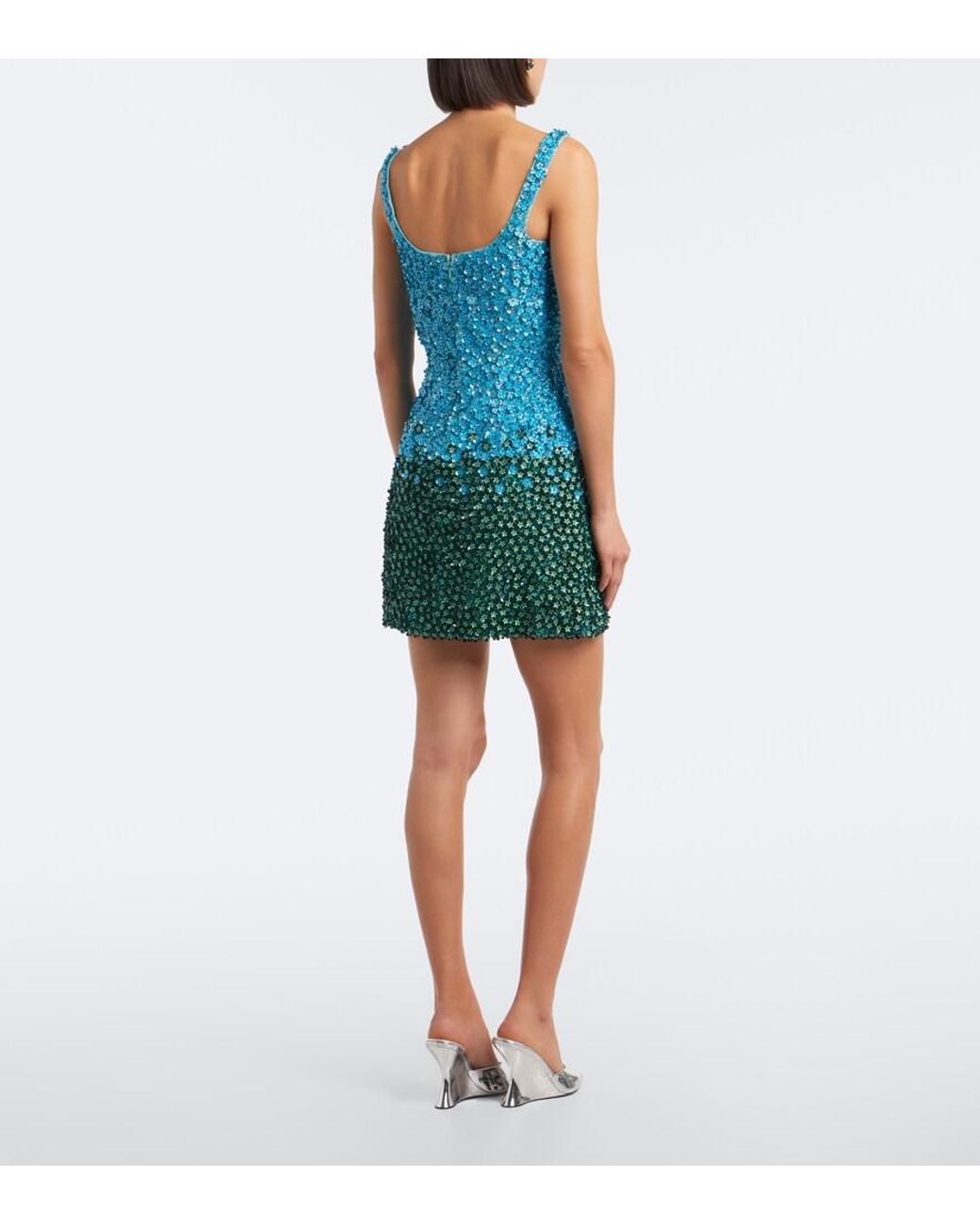 La Fuori Blue Embellished Floral Silk Minidress