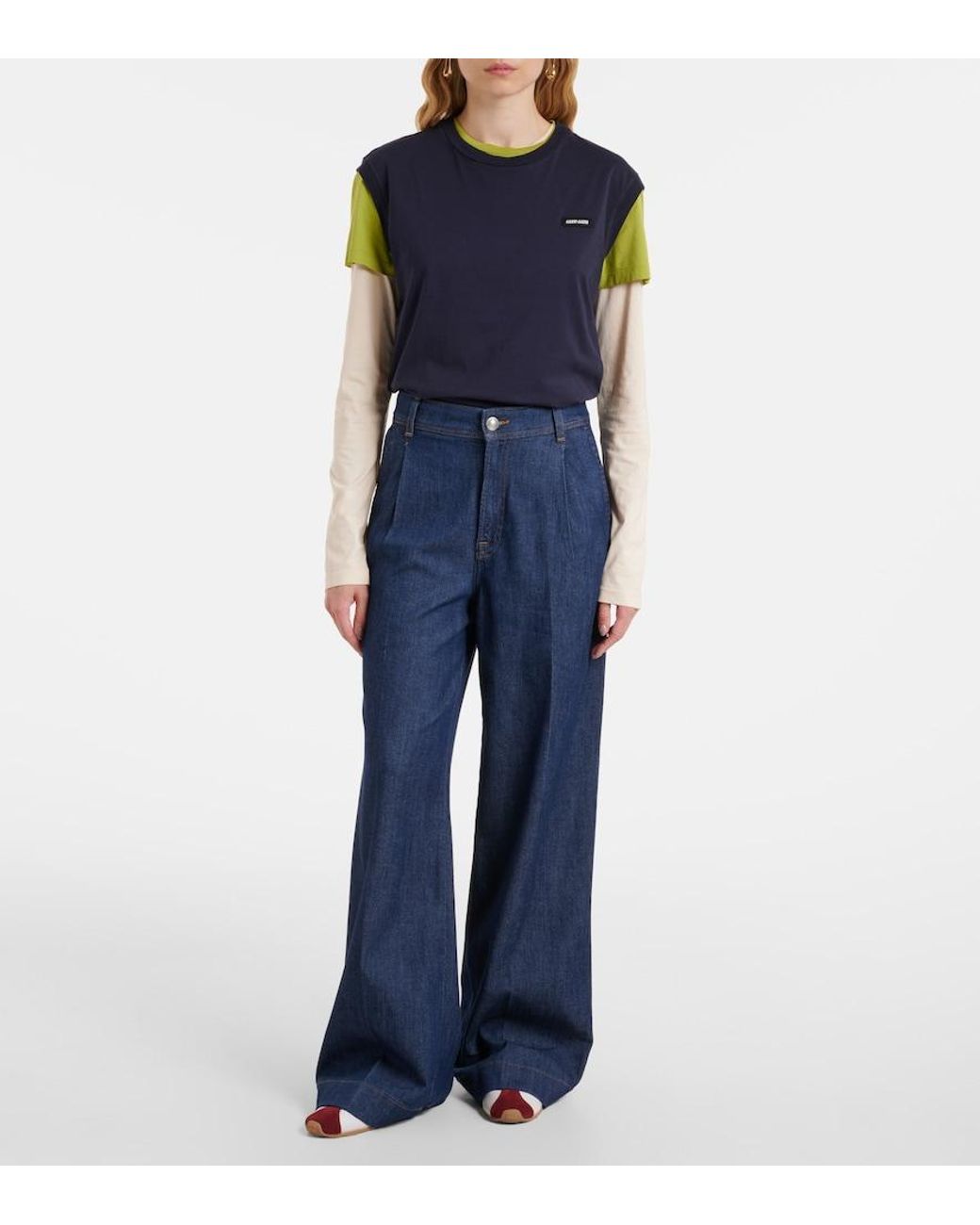 7 For All Mankind Blue Pleated High-Rise Wide-Leg Jeans