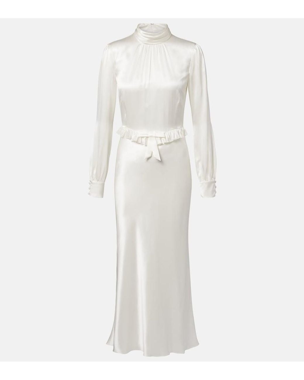 Alessandra Rich White Bow-Detail Ruffled Silk Satin Midi Dress
